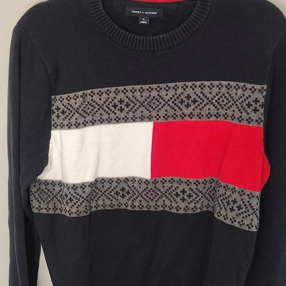 Tommy Hilfiger Navy Blue Fair Aisle Flag Cotton Crewneck Sweater - Picture 3 of 13